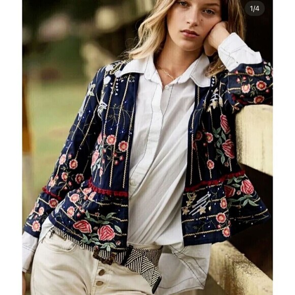 NWT Ruby yaya Womens Navy Blue Embroidered Wide Sleeve Open Front Jacket Small - Picture 1 of 13